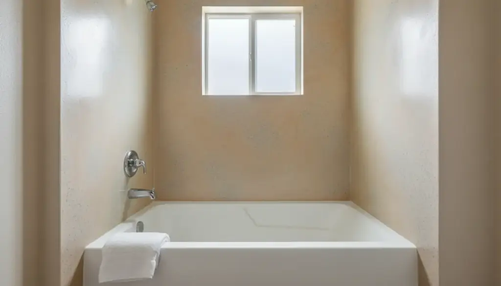 Tub surround walls finished in a seamless sandstone-speckle overlay